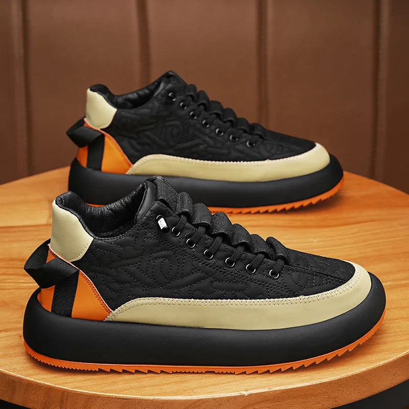 Men's leather sports casual board shoes in black and orange, synthetic PU upper, thick round toe with elastic band