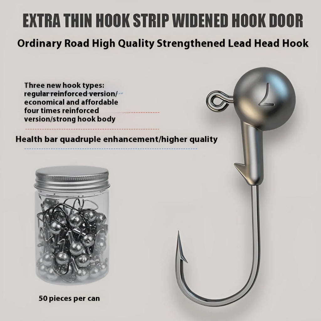 Pack of 50 strengthened steel jig hooks with a single lead-headed fishing hook.