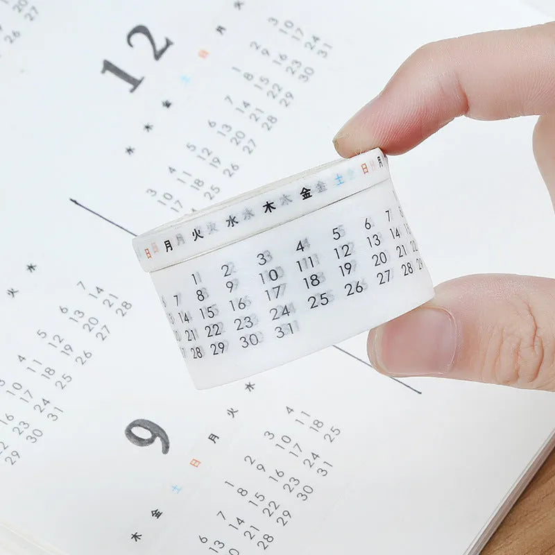 Two rolls of digital hand account tape: one 2cm wide calendar tape and one 0.5cm wide weekly tape, each 7 metres long, on a white background