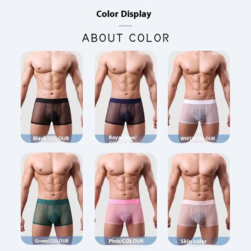 Men's thin polyester boxer shorts in six colours with quick-dry function on size chart