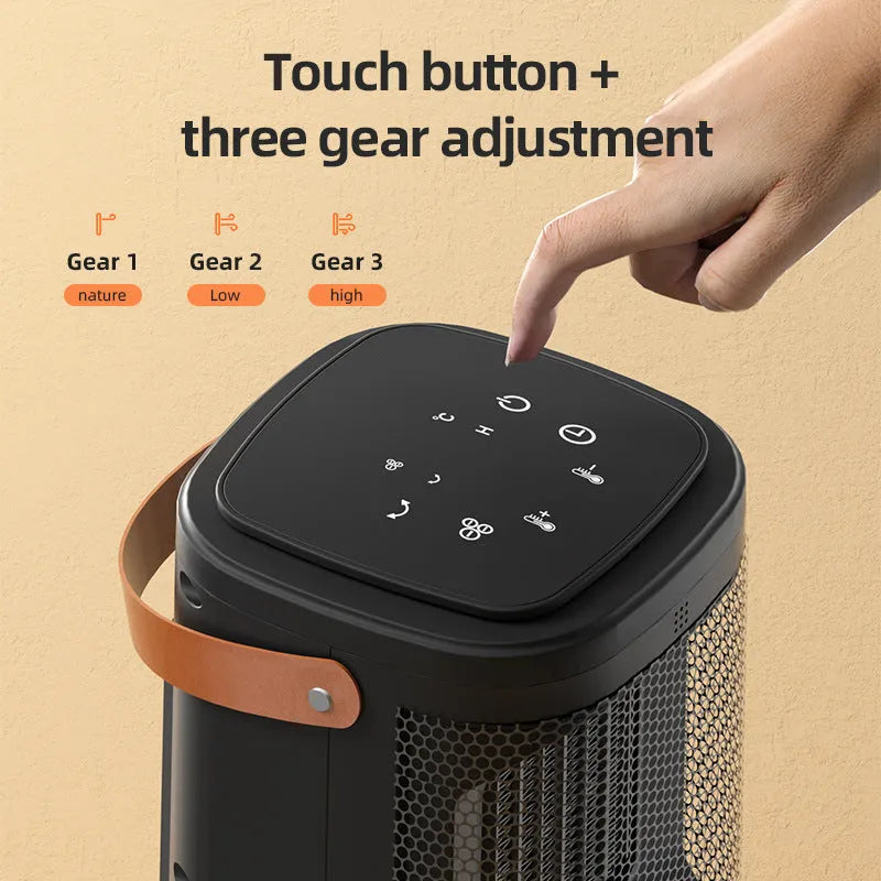 A compact hot and cold air heating radiator with a digital touch screen and remote control in a 618 electronic model colour.