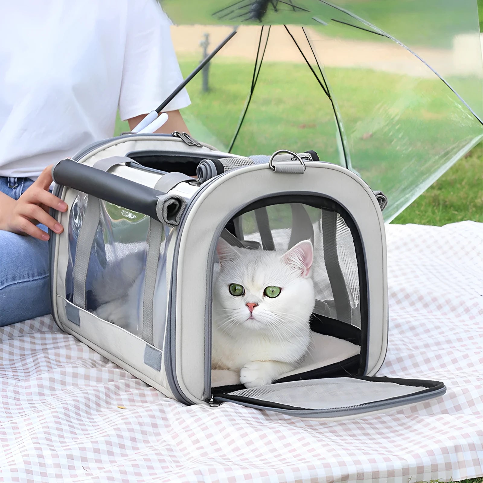 Outdoor portable pet bag in beige with transparent window and mesh sides on a white background