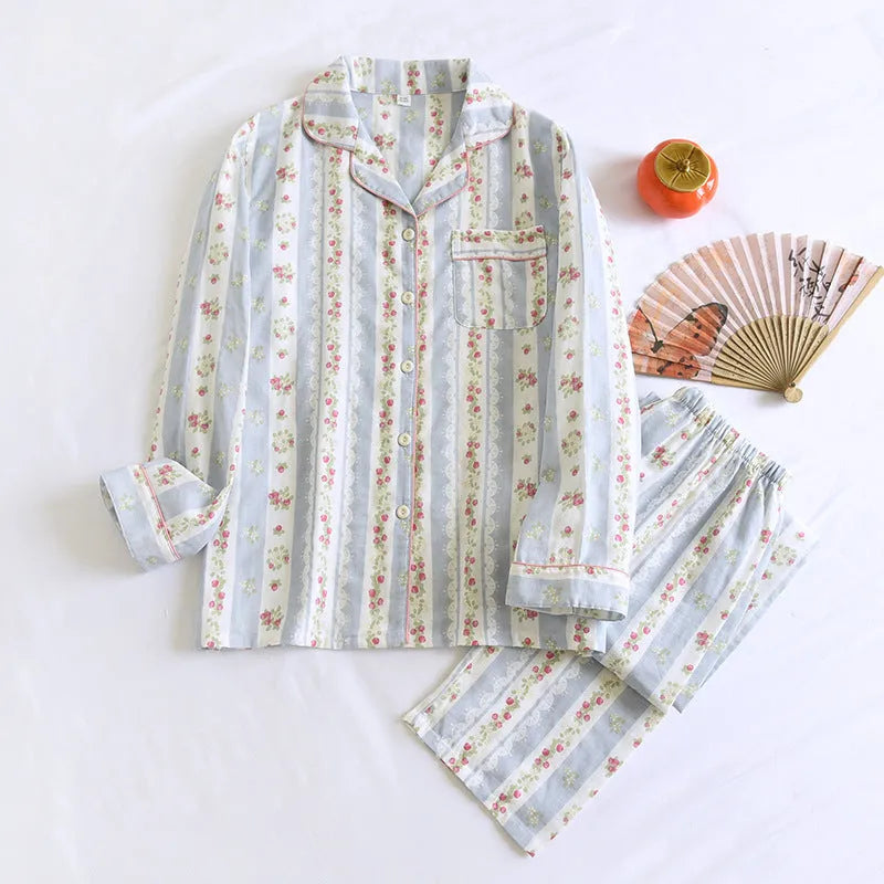 Ladies cotton gauze long sleeve top and trousers homewear set in colour stripes pattern
