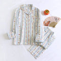 Ladies cotton gauze long sleeve top and trousers homewear set in colour stripes pattern