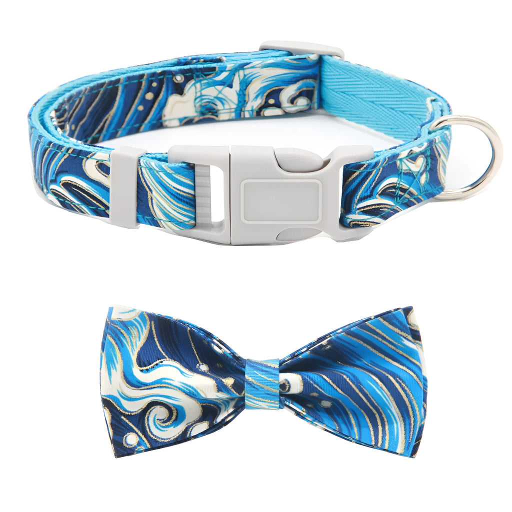 Adjustable floral polyester dog collar with ribbon detail and optional bow tie in pink, red, blue or purple, sizes XS to L