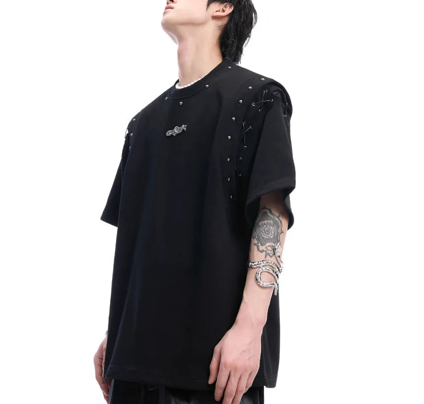 Black short sleeve T-shirt with a lace-up cutout design detail on the front.