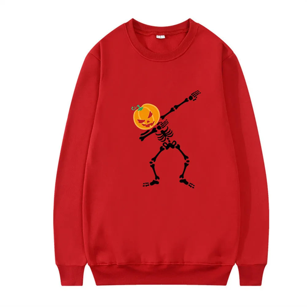 Women's black printed crew neck long sleeve cotton sweatshirt on a hanger.