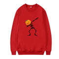 Women's black printed crew neck long sleeve cotton sweatshirt on a hanger.