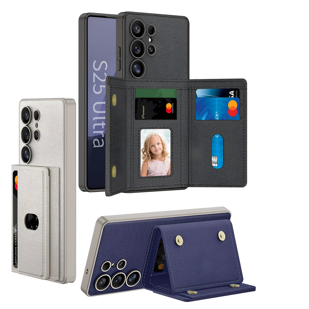 Built-in wireless charger magnetic split wallet phone case with stand for Samsung S24Ultra in plain leather frosted finish, Titanium Black colour