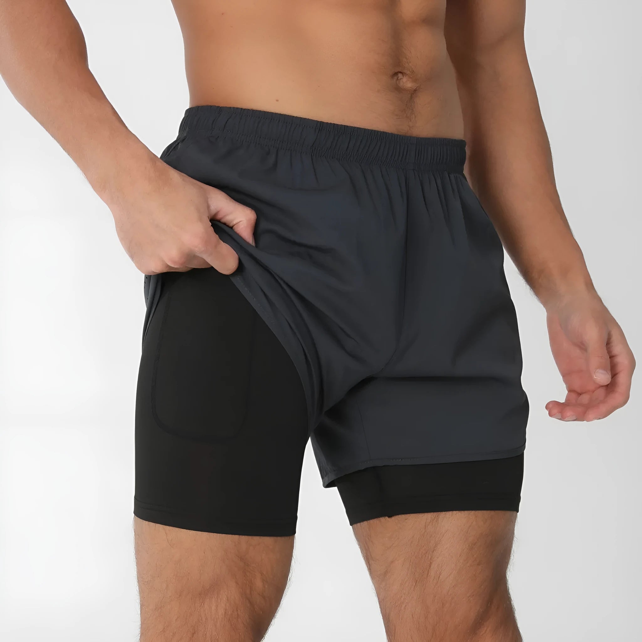 Men's quick-dry double-layer anti-exposure fitness shorts in black, showing waistband and side view