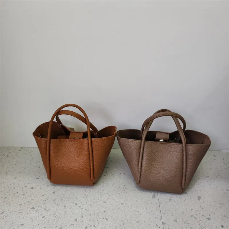 Retro portable casual crossbody women's bag in soft PU, bucket shape, 19cm length, available in seven colours.