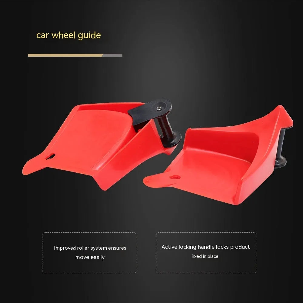 Red plastic parking chock set of four pieces with non-slip rubber surface