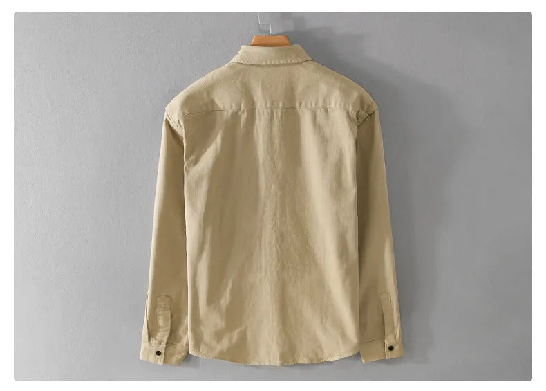 Men's long sleeve cotton cardigan work shirt in green, American retro style, front view