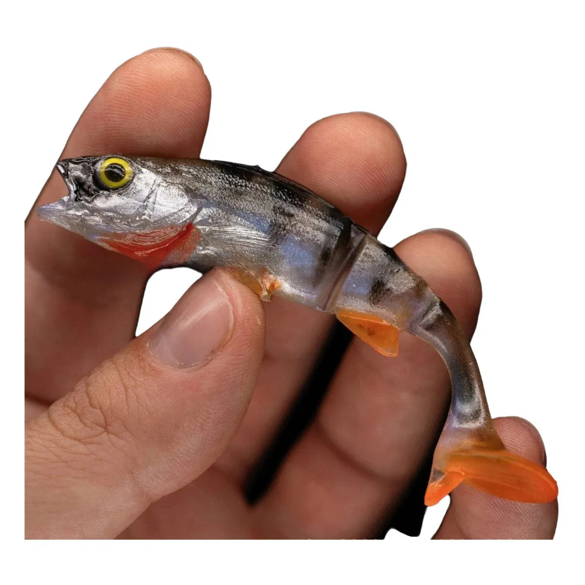 Soft plastic fishing lure with T-tail design and fish pattern colour