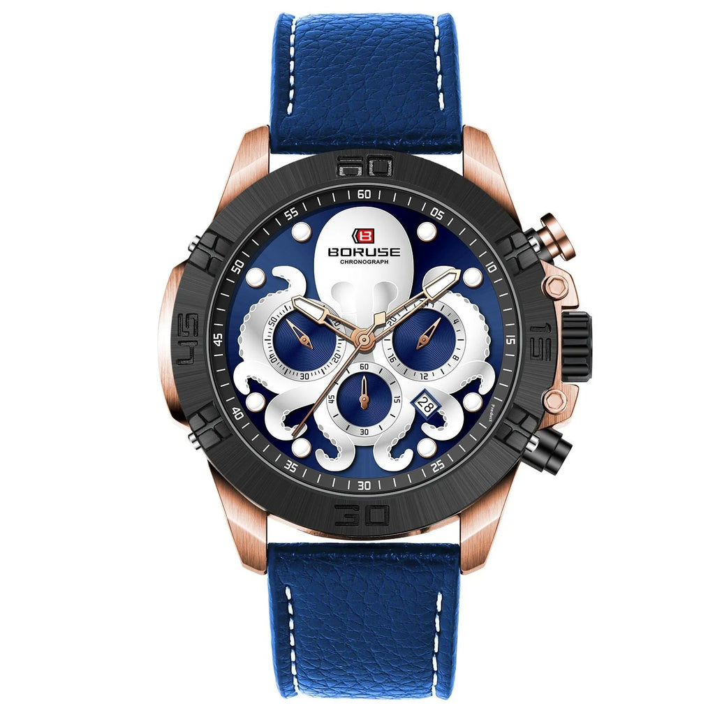 Octopus men's waterproof luminous quartz analogue watch in black or blue