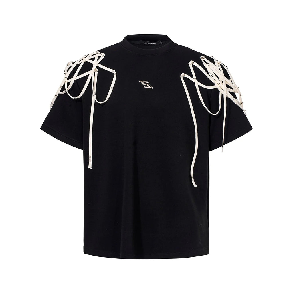 Black loose fit short-sleeved T-shirt with padded shoulder rivet ribbon detail