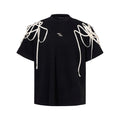 Black loose fit short-sleeved T-shirt with padded shoulder rivet ribbon detail