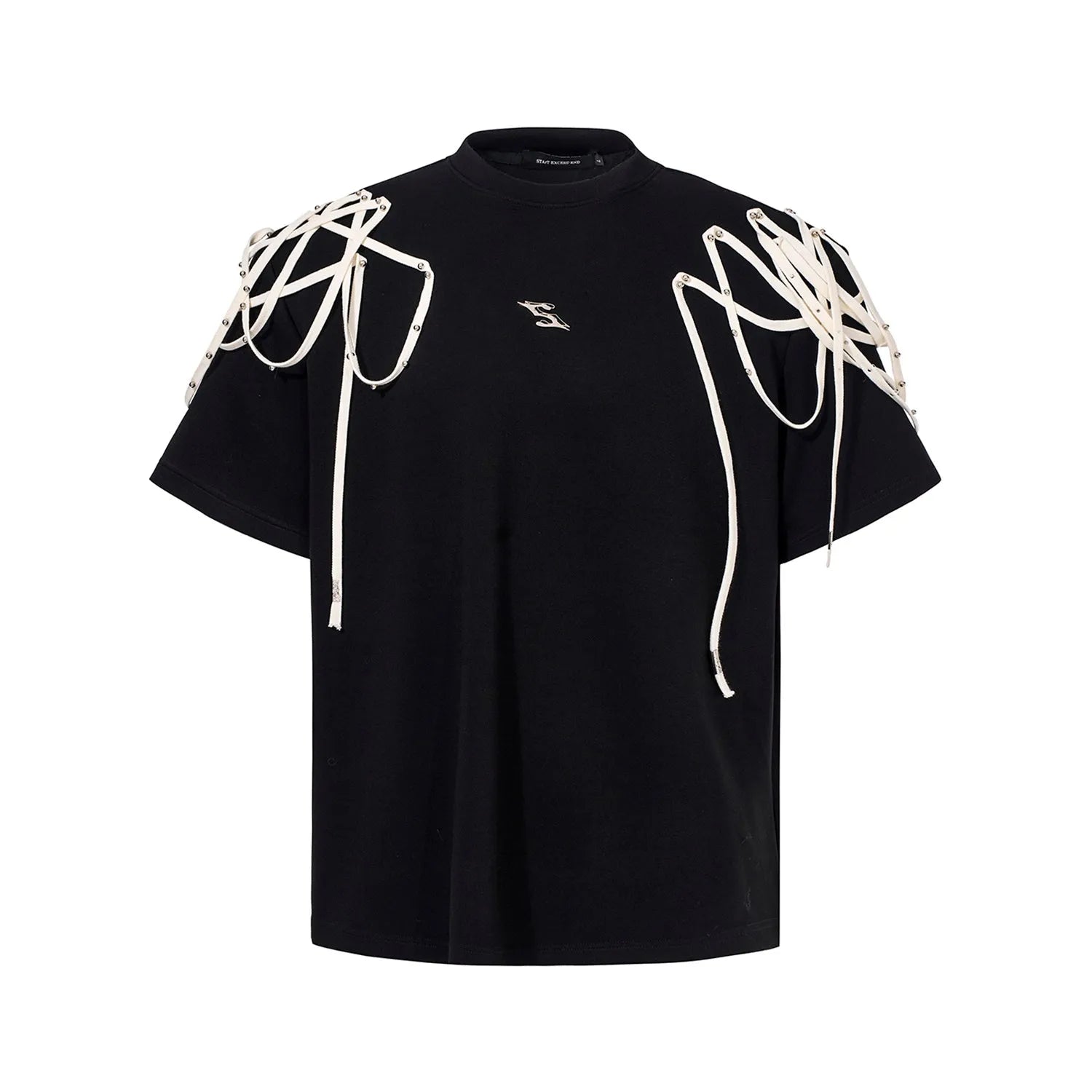 Black loose fit short-sleeved T-shirt with padded shoulder rivet ribbon detail
