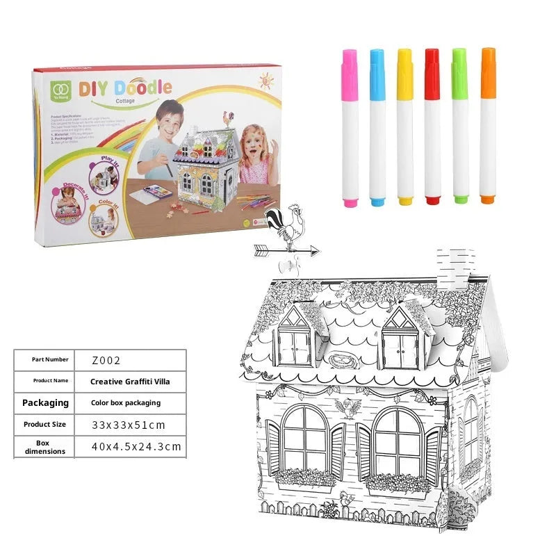 Handmade DIY three-dimensional carton paper model colour filling toy kit with graffiti castle design