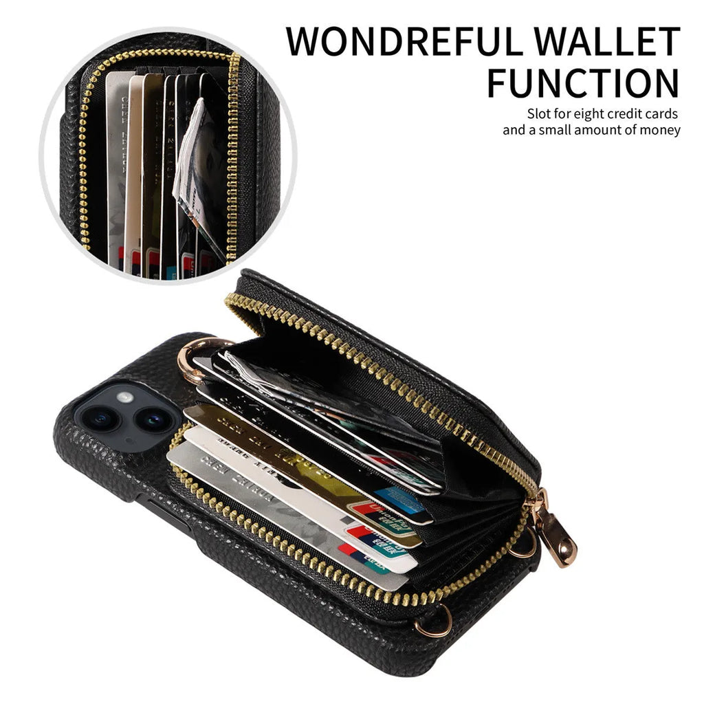 Handmade imitation leather wallet phone case with card slot, bracket, and crossbody strap in black for iPhone16 Pro Max