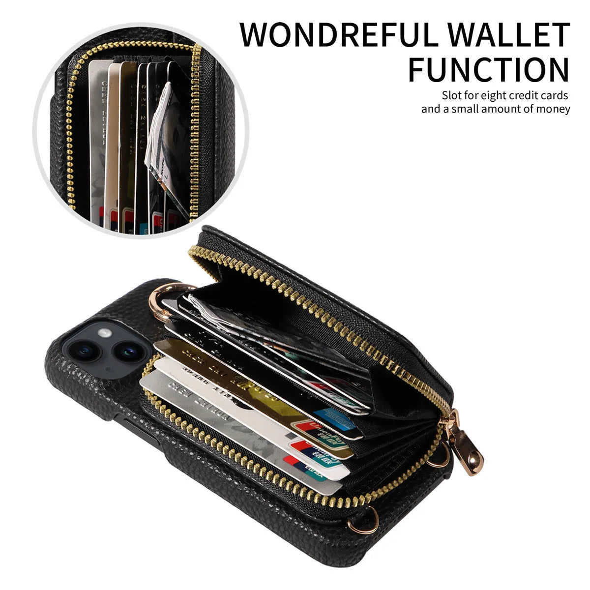 Handmade imitation leather wallet phone case with card slot, bracket, and crossbody strap in black for iPhone16 Pro Max