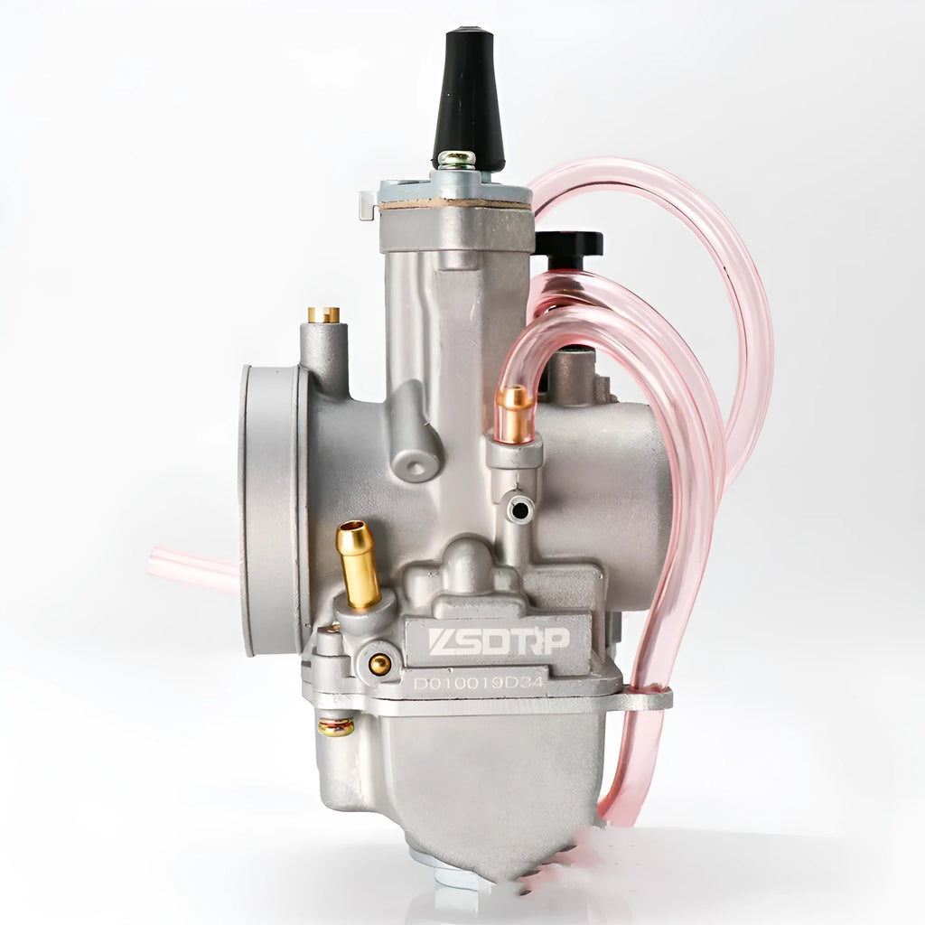 Sandblasted aluminium PWK motorcycle carburetor showing seven available bore sizes from 21mm to 34mm.