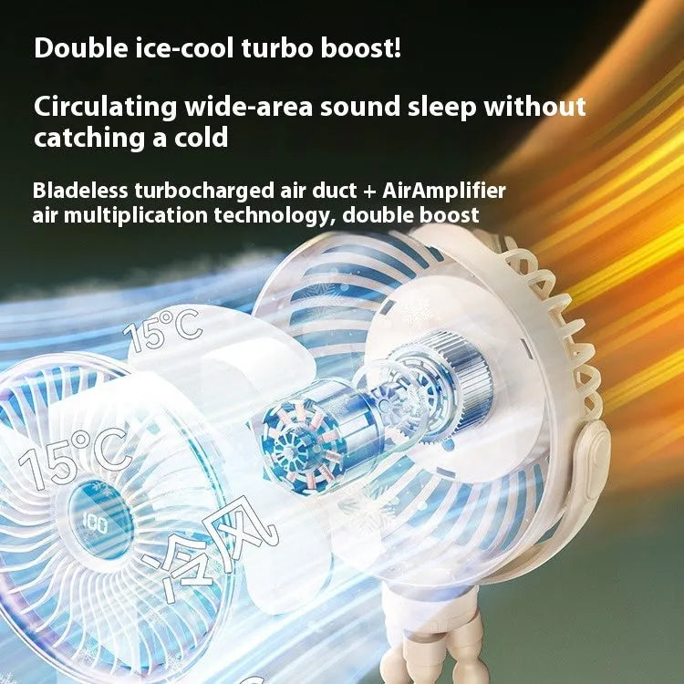 Clip-on portable stroller fan with rotating head in beige colour showing USB port and control buttons