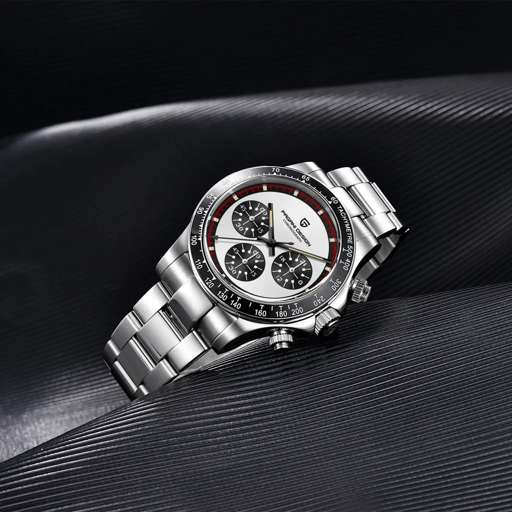 Berjani stainless steel chronograph watch with 40mm case and black or white dial