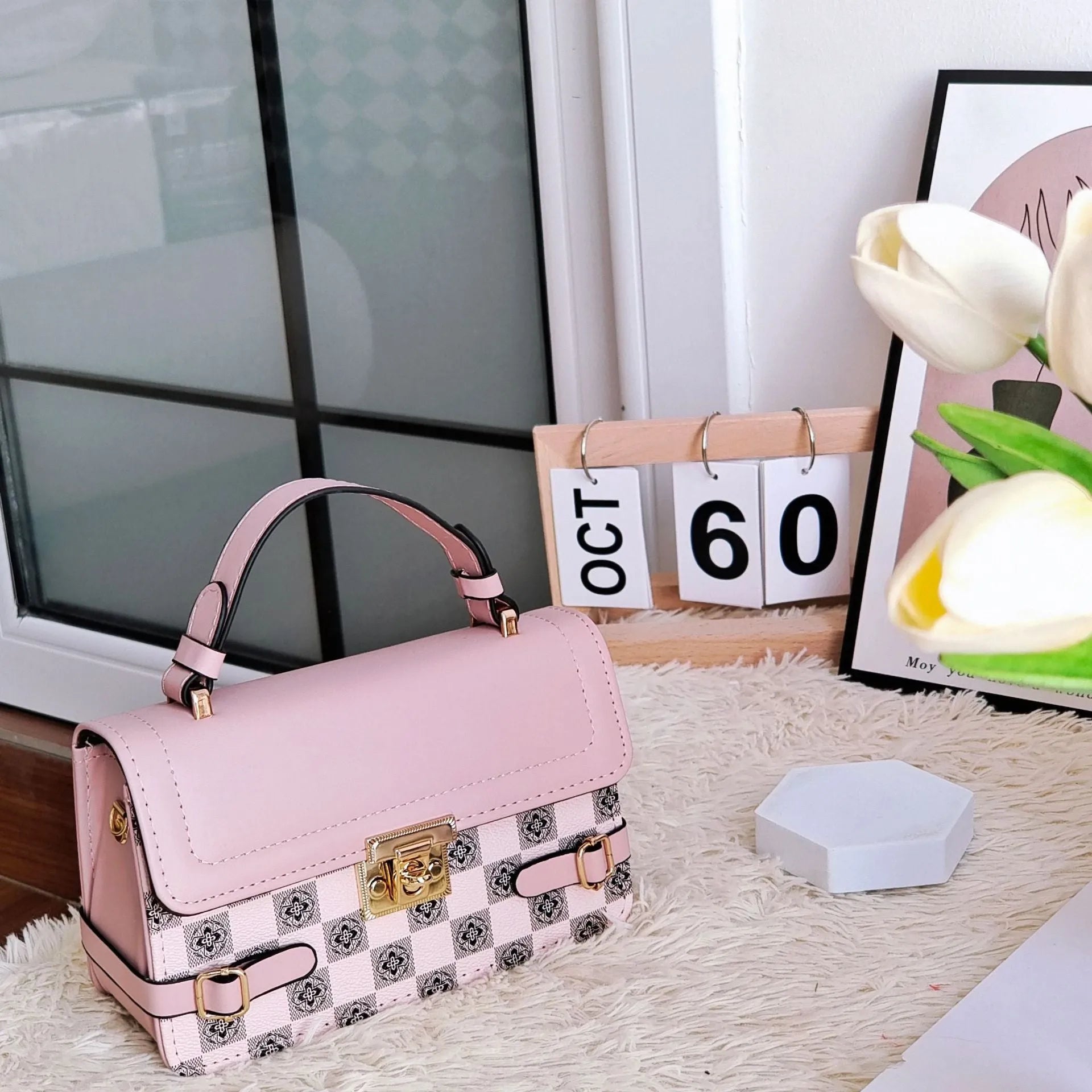 A retro-style apricot PU crossbody bag with a square shape, decorative stitching, and a visible file compartment inside.