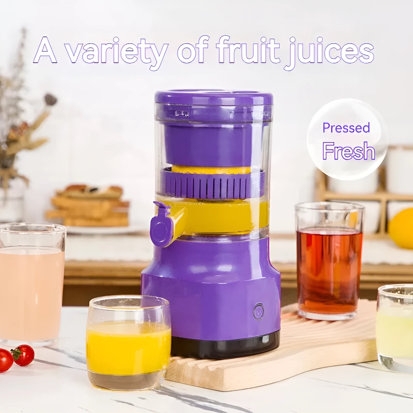 Purple USB rechargeable electric citrus juicer with cone-shaped filter and 400ml capacity container