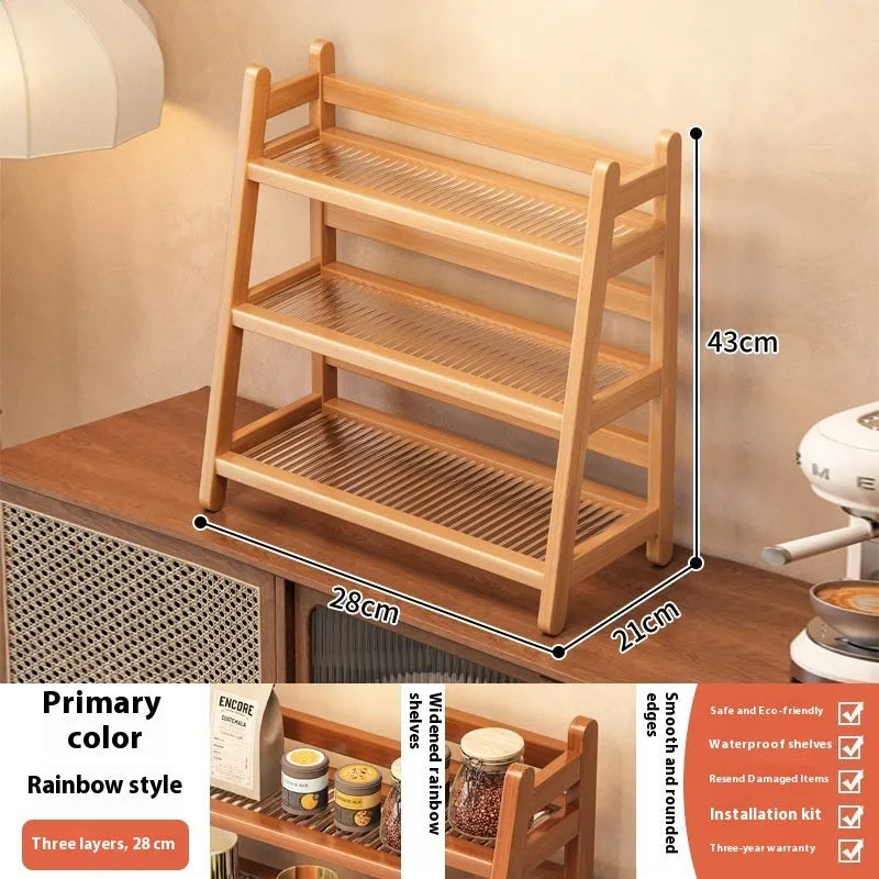 Bamboo and acrylic 2-layer tabletop teacup storage rack in primary colour with cups placed on shelves