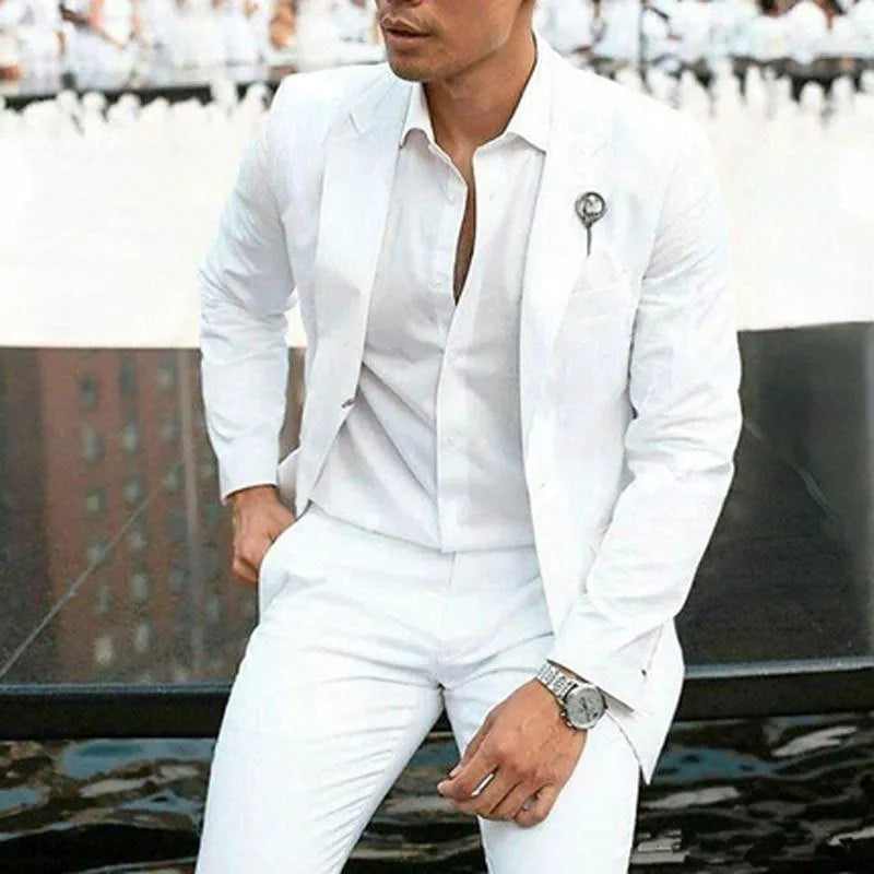 White cotton two-piece men's suit with slim fit design for wedding groomsman clothing