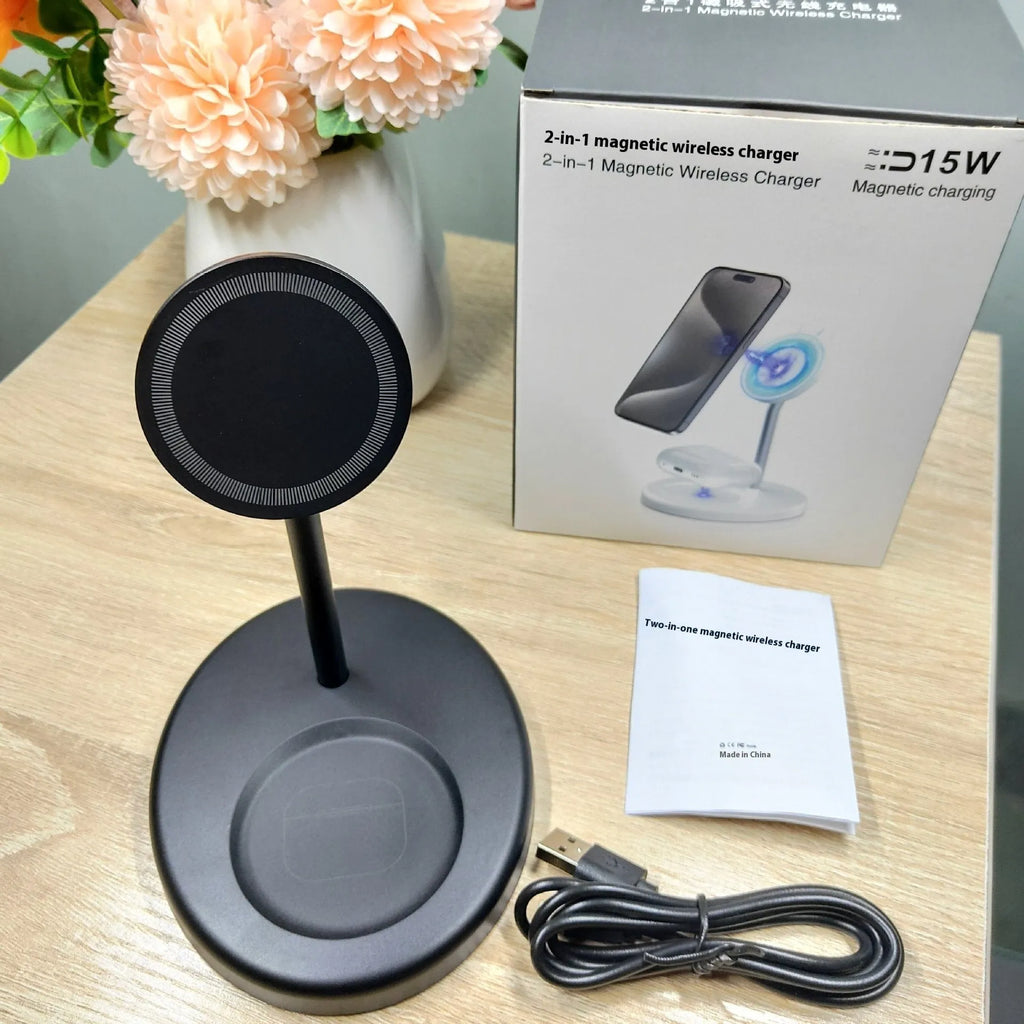 White vertical wireless charging station with cooling holes and smartphone in charging position
