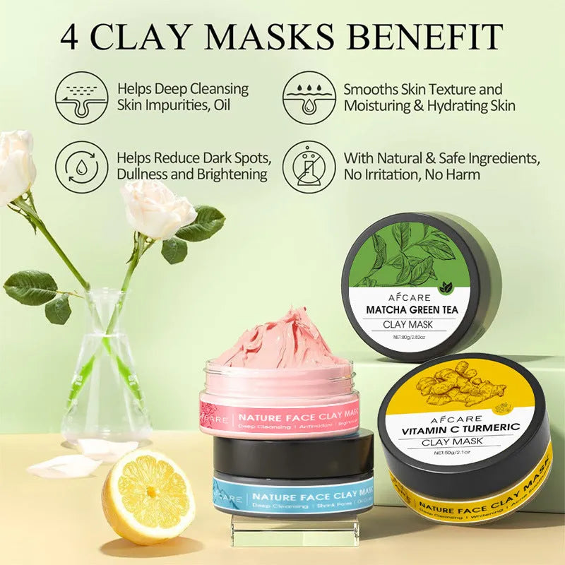 Four tub Dead Sea mud clay mask set with green tea, turmeric and rose formulas