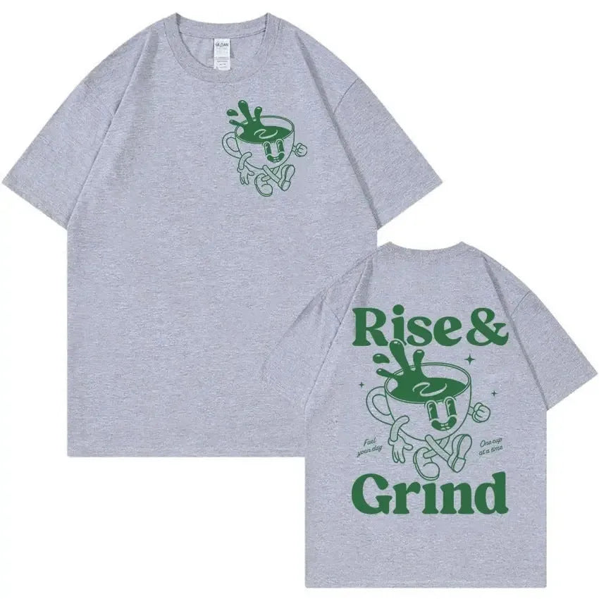 Loose fit linen t-shirt featuring a cartoon print of 'Rise And Grind' text with a green coffee expression bag.
