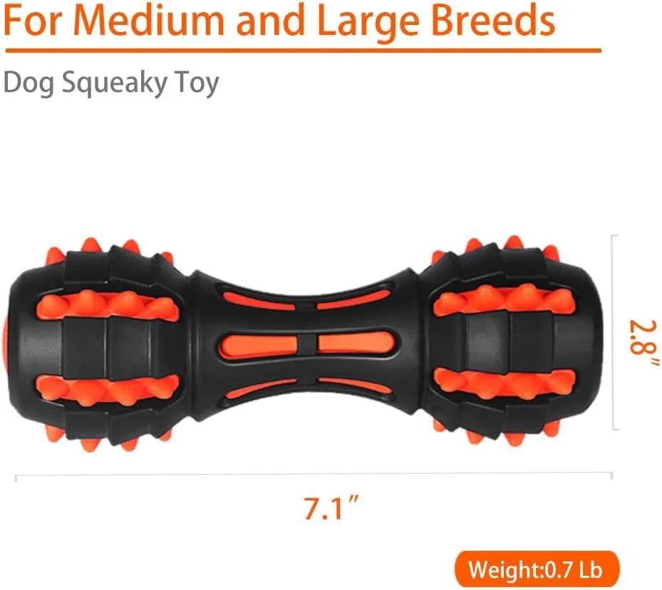 Red rubber dumbbell-shaped squeaky toy for dogs on a white background.