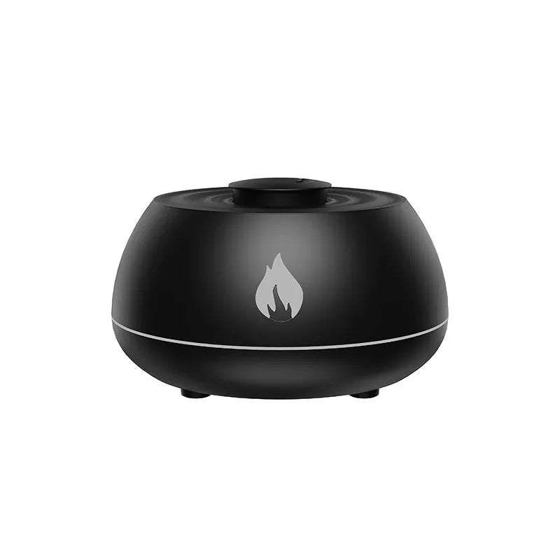 Black flame humidifier aroma diffuser with 130ml tank, 7 colour lights, and USB power on a wooden table