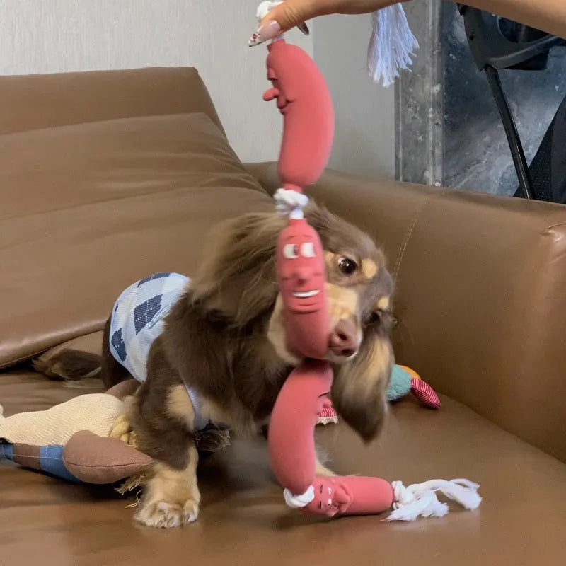 Brown sausage-themed cat rope toy with hand grip tape, total length 108cm