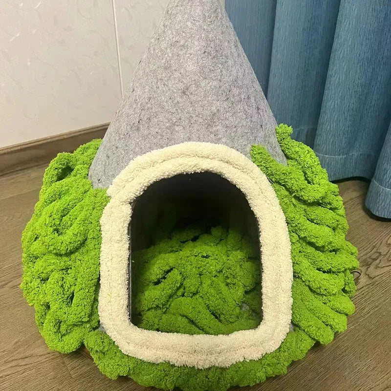 Grey handmade felt cone-shaped cat house with Christmas theme, showing enclosed tent-style design.