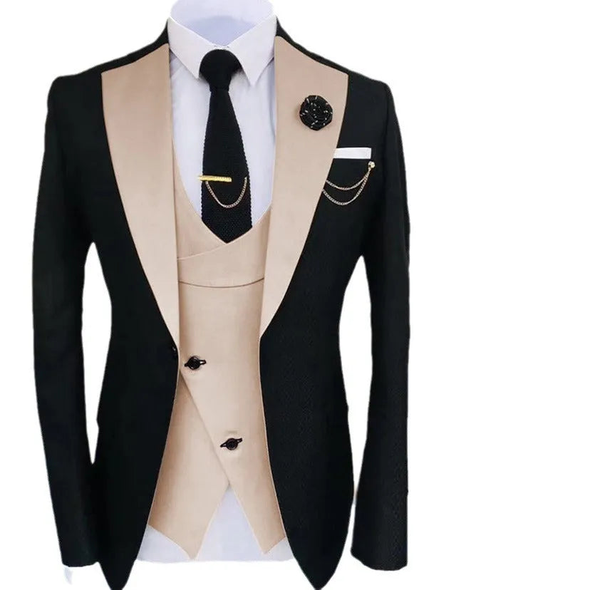 Men's slim fit three-piece cotton suit in black with coat, vest, and trousers