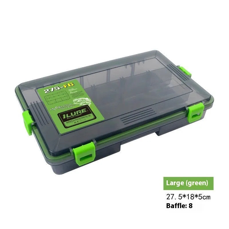 Blue plastic fishing lure storage box with compartments, shown next to a green box of the same design.