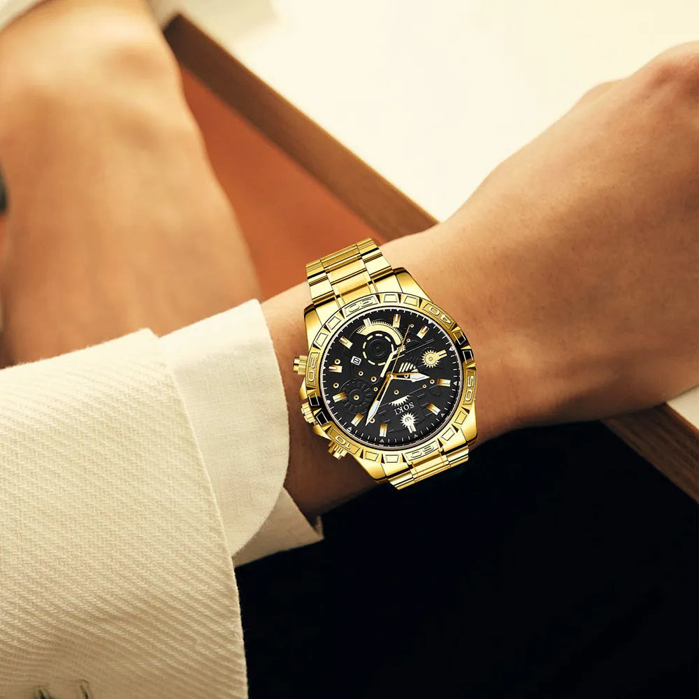 Men's gold-colour business quartz watch with stainless steel strap and calendar on dial