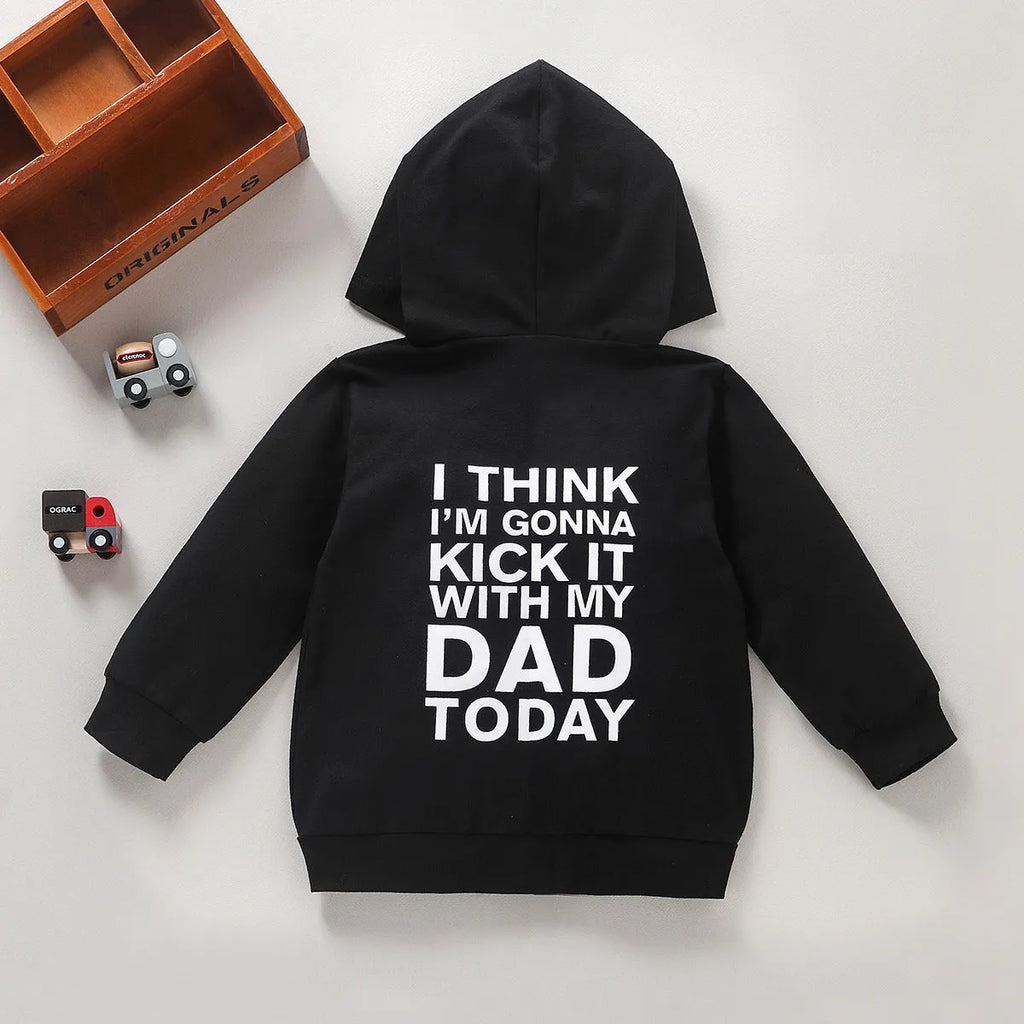 Children's black cotton back letter hooded sweater coat on a child, full body front view against a white background
