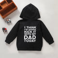 Children's black cotton back letter hooded sweater coat on a child, full body front view against a white background