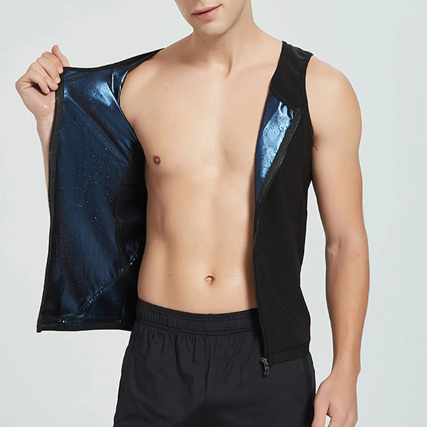 Men's black polyester zip storm sweatshirt with full-length front zip, front view, for running and gym training