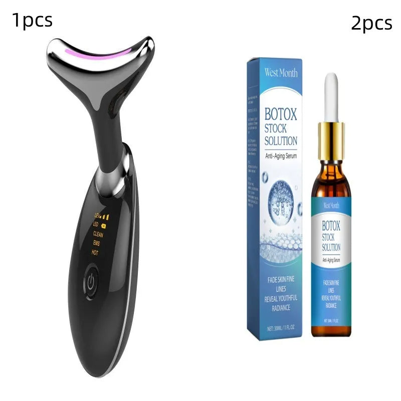 White EMS thermal neck lifting massager device with LED lights shown with USB cable and moisturiser.