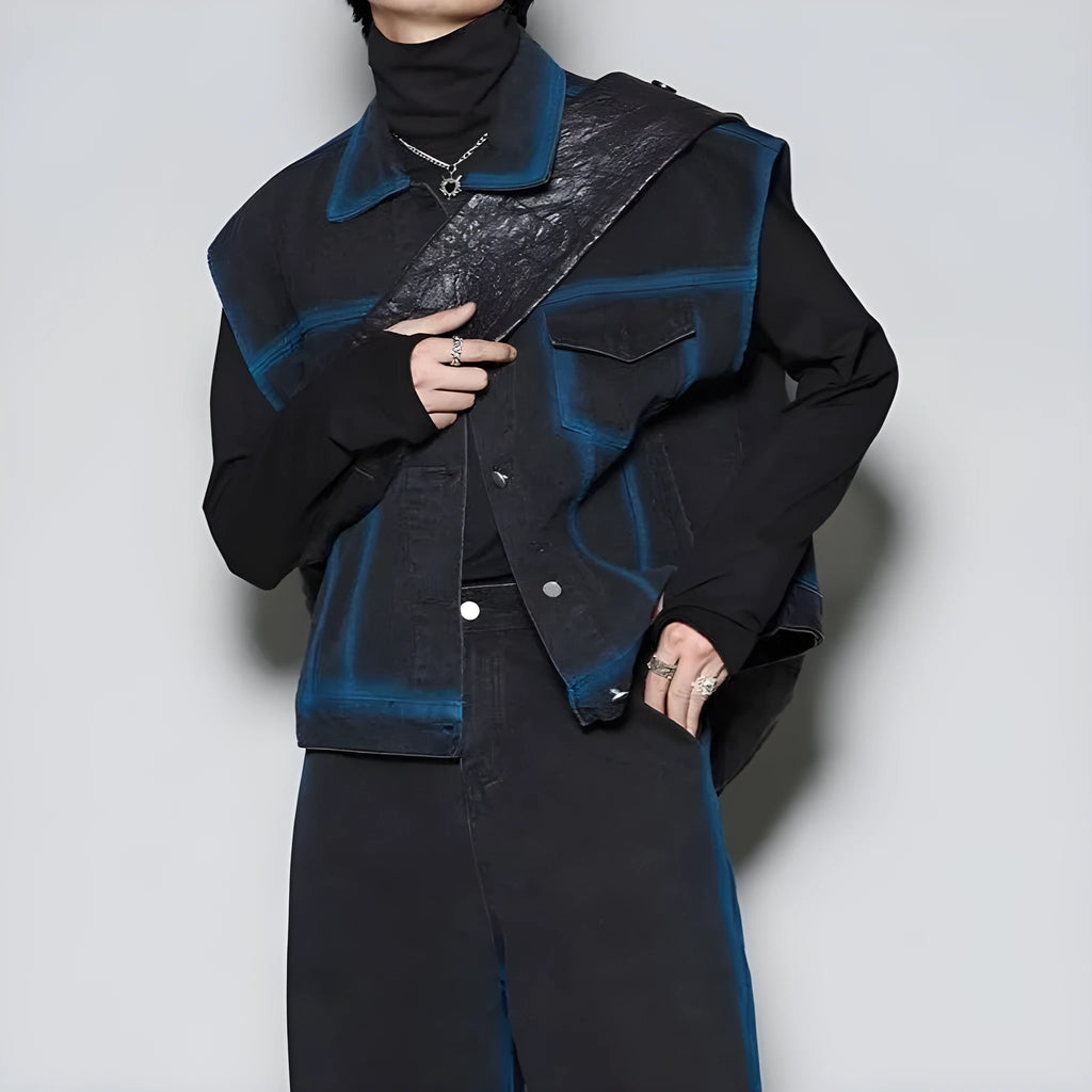 Blue distressed fleece-lined vest and jeans suit with spray colour gradient effect.