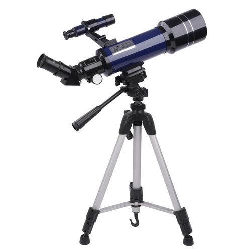 Dark blue children's astronomical telescope with tripod extended, showing monocular design.