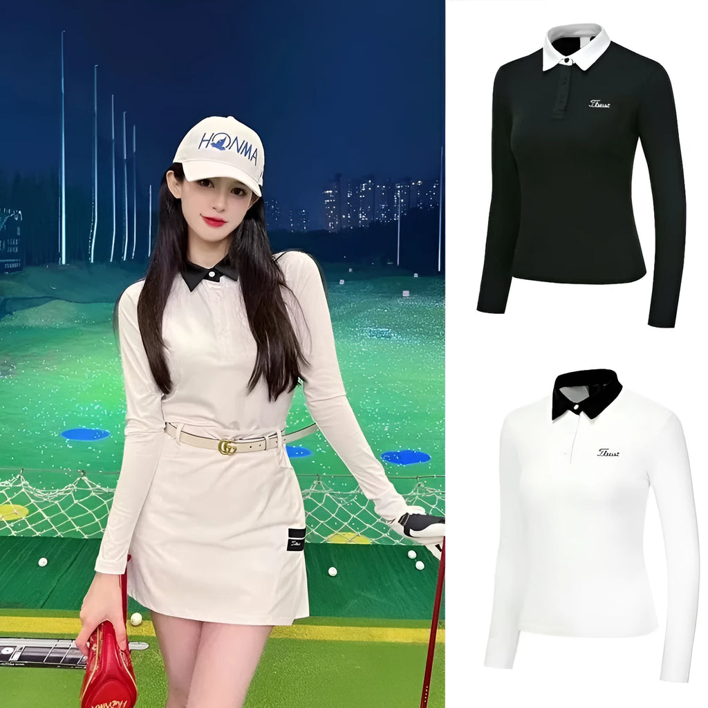 Women's white long sleeve slim fit golf top made of breathable polyester fabric.