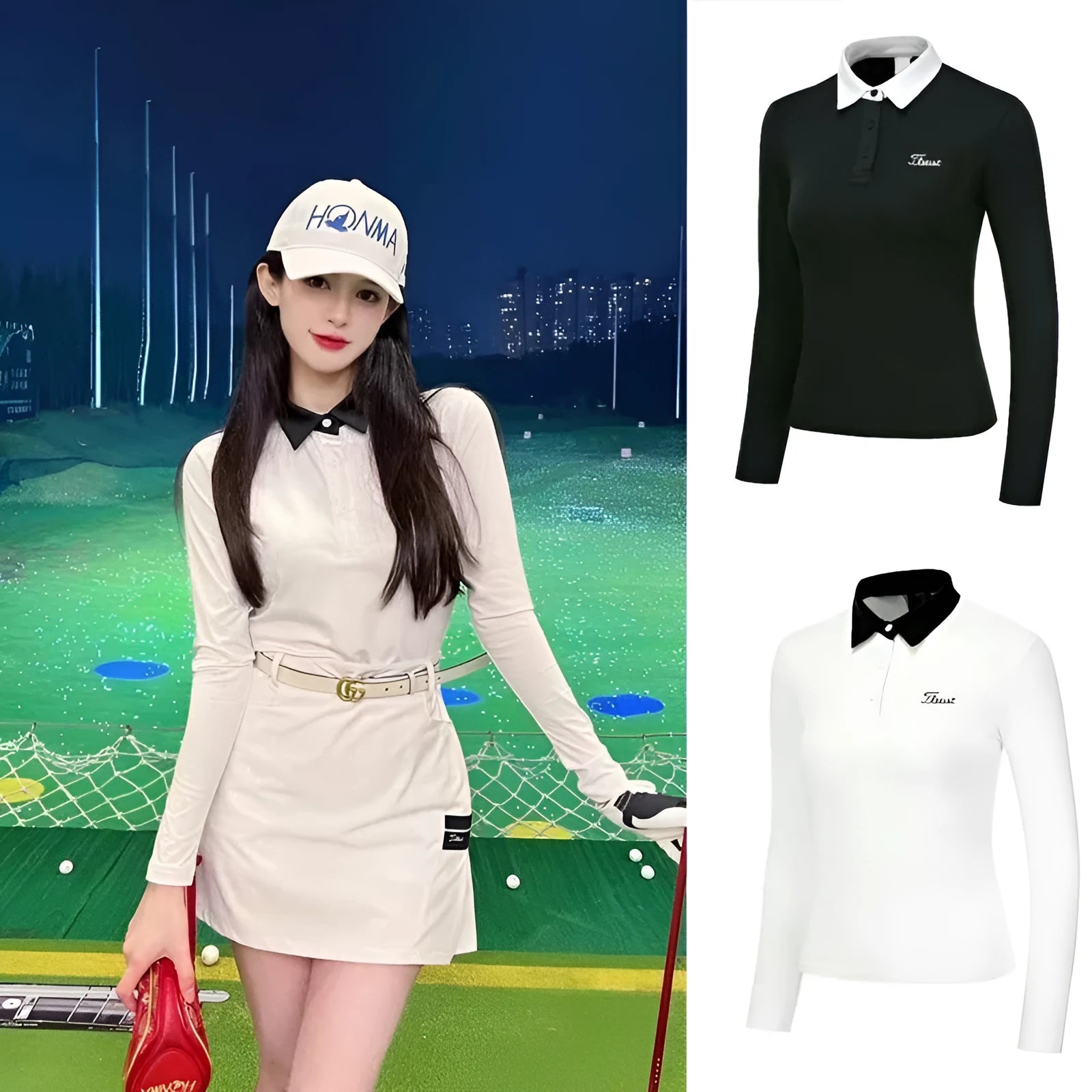 Women's white long sleeve slim fit golf top made of breathable polyester fabric.